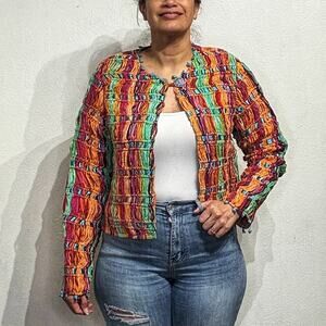 Sandy Starkman Rainbow Striped Vintage Knotted Woven Mesh Fringe Jacket Sz M